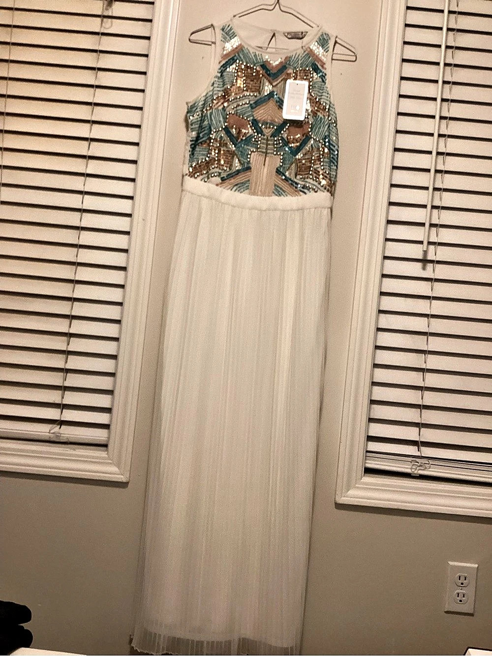 FG4 London Hand-Embellished Maxi Dress in White & Blue NWT